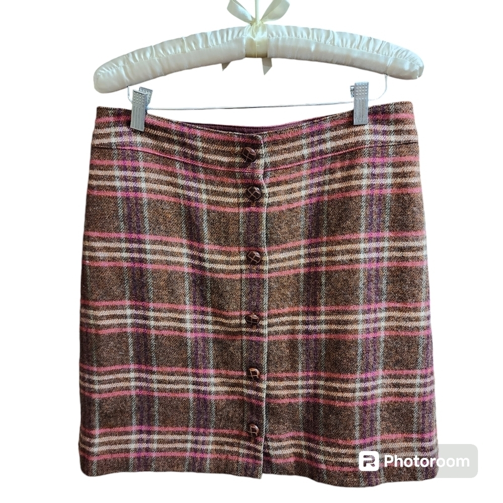 Talbots Women's Plaid Wool Blend Button Front Skirt Size 8 Petite Brown Pink